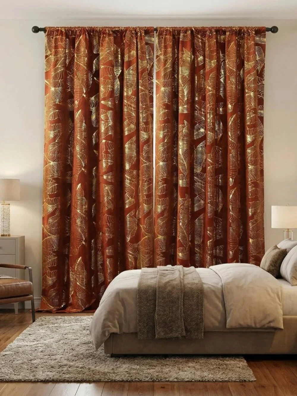Burnt Orange Curtains with Gold Leaf